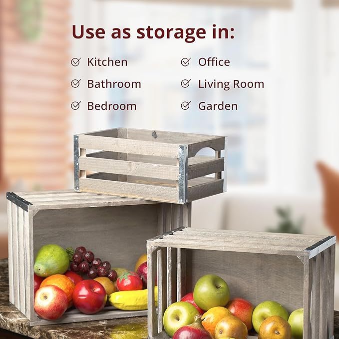 wald imports - Set of 3 White Washed Wooden Crates for Storage - Decorative Wooden Crate Set for Home Decoration & Display - Vintage Storage for Household Goods