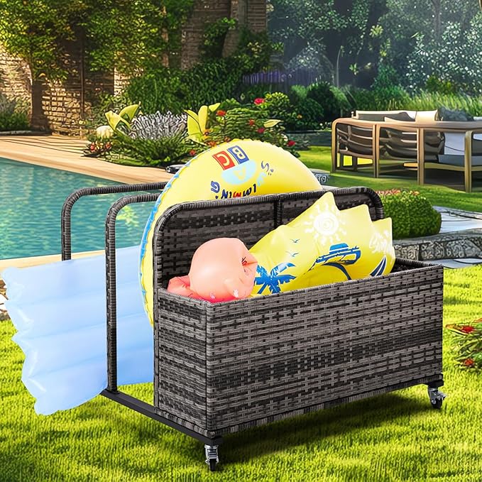 Poolside Float Storage Organizer,Pool Toy Storage Holder with Wicker Basket Outdoor Pool Float Holder Rack Rolling Poolside Caddy Cart Raft Rack for Pool Noodle Equipment Mixed Grey