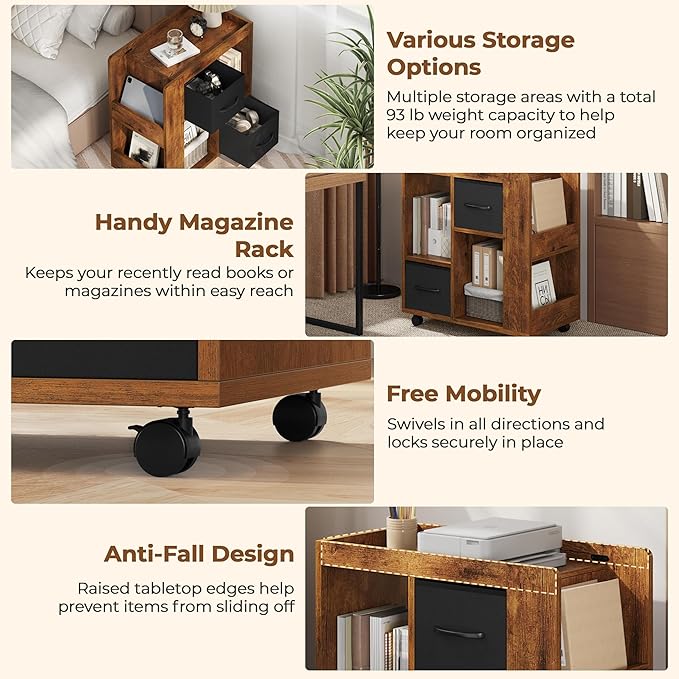 Yaheetech Narrow Side Table with Storage, Wooden Rolling Nightstand Bedside Table with Wheels, Magazine Racks and Open Shelves, End Table with Drawers for Living Room Bedroom, Rustic Brown