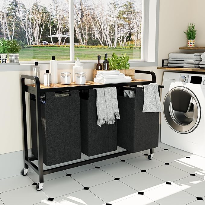Laundry Sorter with Shelf, Wheels, Pull-Out and Removable Bags, Laundry Hamper Organizer 3 Sections, Rolling Laundry Basket for Laundry Room Bathroom Hotel Dorm, 42.13"L x 12.8" W x 30.51"H