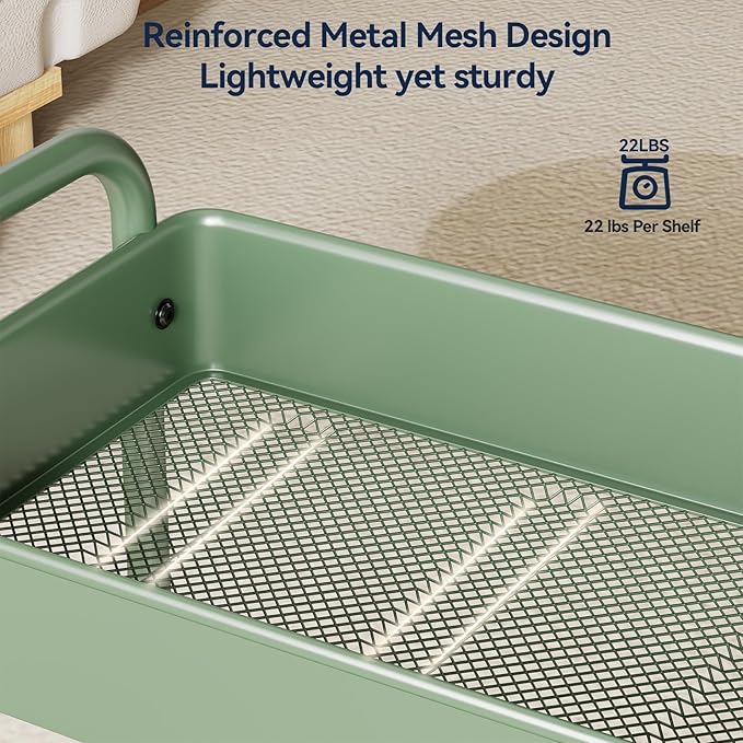 YASONIC 3-Tier Rolling Cart, Green, 66 Pounds Capacity, Mesh Storage Organizer with Lockable Wheels, 3 Hanging Cups, 4 Hooks, Easy Assembly, for Kitchen, Bathroom, Laundry, Grocery