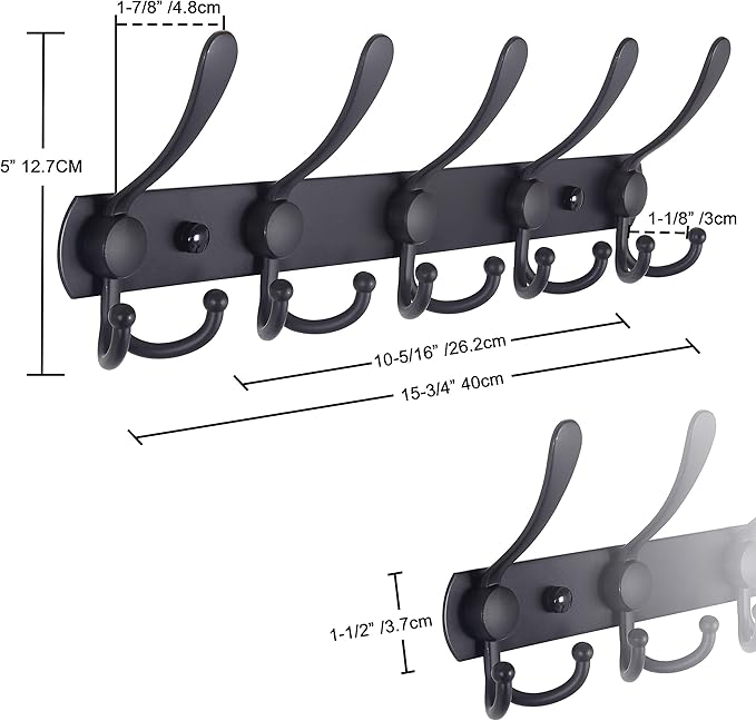 Dseap Coat Rack Wall Mounted - 5 Tri Hooks, Heavy Duty, Stainless Steel, Metal Coat Hook Rail for Coat Hat Towel Purse Robes Mudroom Bathroom Entryway (Silver, Pack of 2)