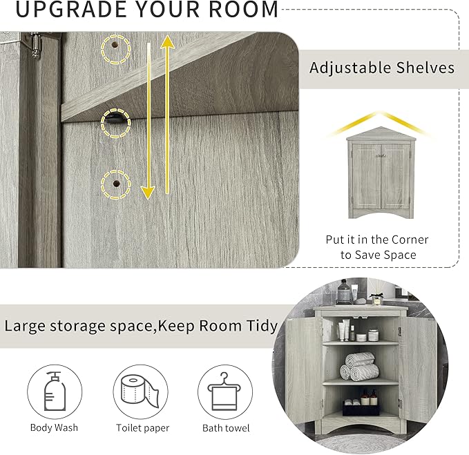 GDFStudio 31.5" H Triangle Corner Bathroom Storage Cabinet with Adjustable Shelves,Freestanding Floor Cabinet for Small Spaces,Water-Resistant Cabinet Modern Organizer for Home,Kitchen,Hallway, Oak