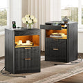 REAHOME Fluted Nightstand Set of 2 with Charging Station, Modern LED Night Stand with 2 Drawers and Pull Out Tray, Wood Bedside Table, End Side Table with Open Shelf for Bedroom,Black