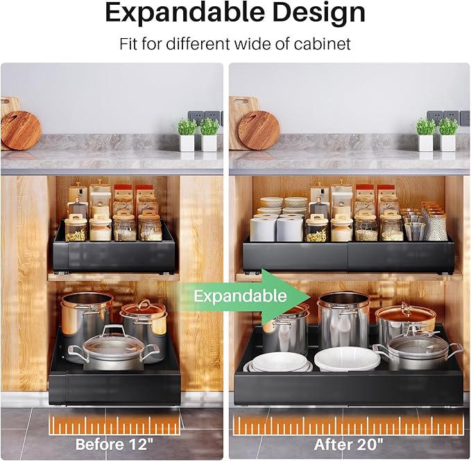 Pull out Cabinet Organizer, Expandable(12"-20") Heavy Duty Slide out Drawer Fixed with Adhesive Nano Film for Pots, Roll out Shelf Storage for Kitchen Base Cabinet Organization, Pantry, Bathroom