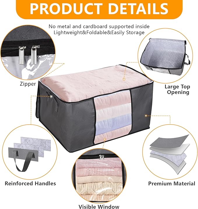 3 Pack Clothes Storage Bags, 90L Large Blanket Storage Bag Comforter Storage Bin with Reinforced Handle and Lid Foldable Closet Organizer and Storage Containers for Bedding Pillows Sheets and Duvet
