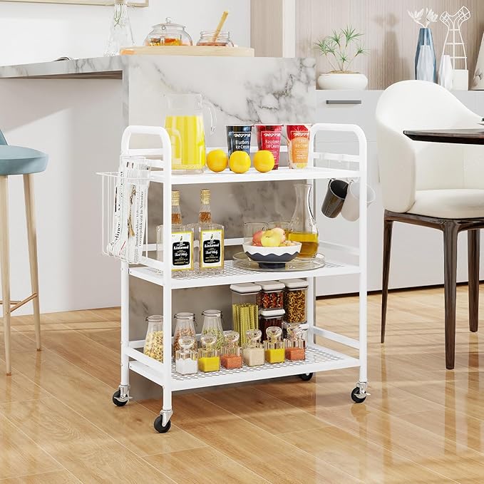 HDANI 3 Tier Metal Mesh Utility Cart,Large Capacity Multipurpose Heavy Vehicle,Rolling Trolley with to Hooks and One Basket(White)