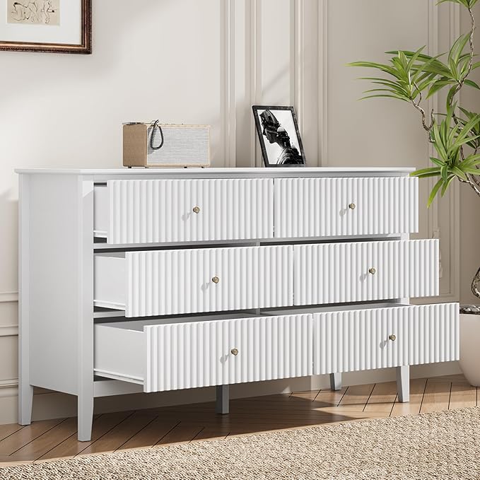 RoyalCraft White 6 Drawer Dresser for Bedroom, Fluted Painted Wood Chest of Drawers, Modern TV Stand Storage Cabinet for Living Room, Entryway, 47" W x 16" D x 32" H