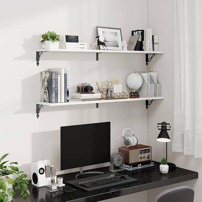 Fun Memories Large Floating Shelves for Wall 48 Inches Long, 8 Inch Deep Shelves with Metal Bracket, 48 Inch Floating Shelves Wall-Mounted, Wide Display & Storage Bookshelves, White, Set of 2
