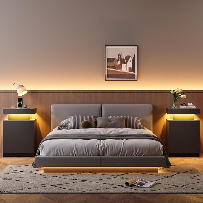 MXV LED Nightstand with Charging Station, Black Bedside Tables with Sliding Top, Storage Cabinet & Drawers for Bedroom, Modern End Tables for Bedroom Living Room (Black) (1)