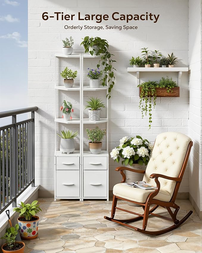 Housolution Corner Shelf Stand with Storage, 63.8'' Tall 6-Tier Corner Bookshelf Includes 2 Fabric Drawers, Freestanding Corners Storage Shelf for Living Room Bedroom Kitchen Bathroom (White)