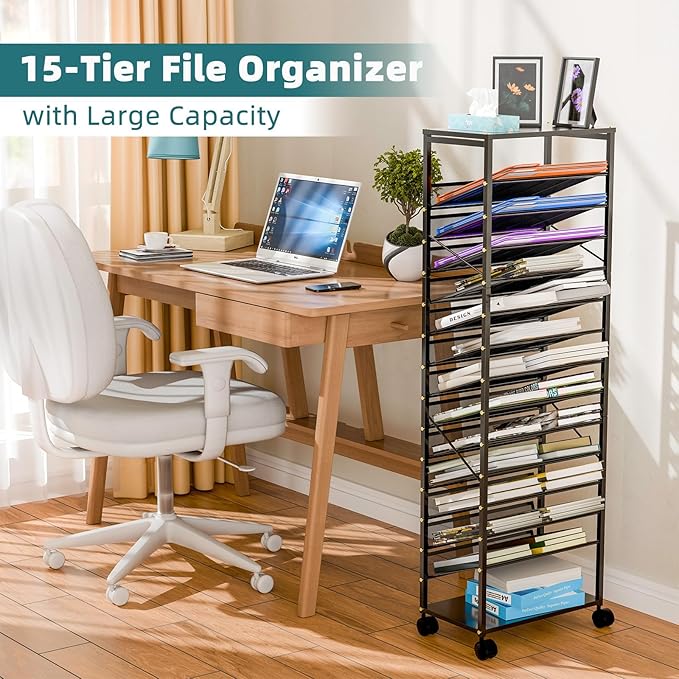 15 Tier Rolling File Cart, Sturdy and Durable Desk File Organizer with Metal Mesh Letter Tray, Heavy-duty Rolling Clutter Cart for Office, Home, School, Black