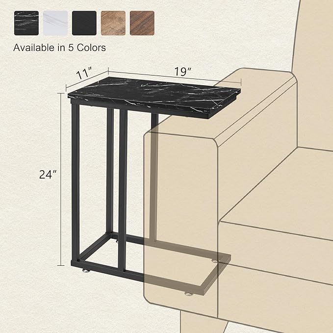 VECELO C Shaped End Side Table for Sofa Couch and Bed Snack TV Tray for Living Room Bedroom, 1 PCS, Black Marble