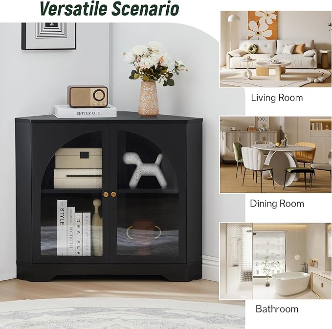 31.5" Mid-Century Modern Small Coner Storage Cabinet, Black Coner Cabinet with Arched Acrylic Mullion Door & Adjustable Shelf for Living Room, Bathroom, Kitchen Coofee Bar (Black)
