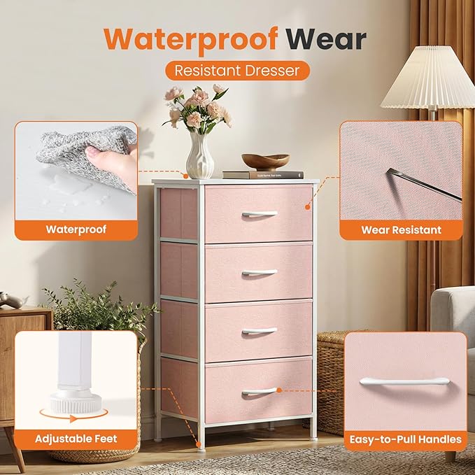 Sweetcrispy Nightstand Small Bedroom Dresser with 4 Fabric Drawers,Bed Side Furniture End Table,Wooden Top Cabinet Night Stand Dresser for Closet,Entryway,Dorm,Pink