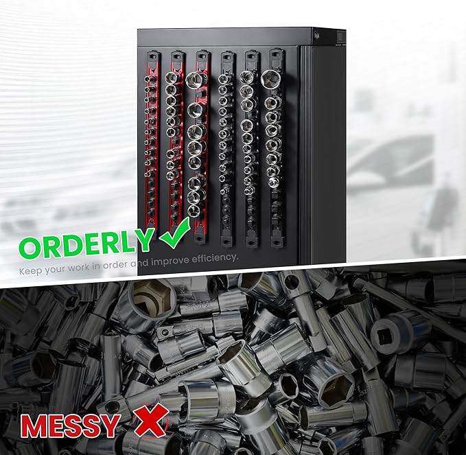 ALOANES 1/2-Inch Drive Magnetic Socket Organizer, Heavy Duty Aluminum Socket Rail Organizer, 360° Swivel Clips Socket Holder Kit for Tool Box, 1/2 Inch Socket Holder x 12 Clips (Black)