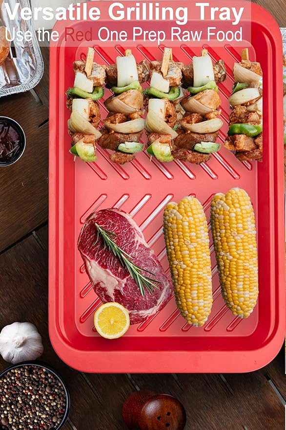 Deep Grilling and Prep Serving Tray, BBQ Trays for Raw and Cooked Food, Melamine Serving Trays for Food, Set of 2, Black and Red