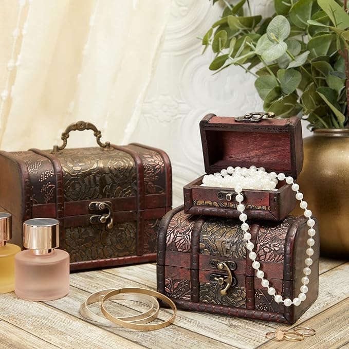 Juvale Wooden Treasure Chest Set - 3 Nesting Boxes, Brown Floral - Decorative Storage & Jewelry Box with Hinged Lid, Vintage Antique Decor