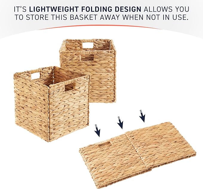 Ornavo Home 13 x 13 Inch Water Hyacinth Baskets Set of 4 – Handwoven Collapsible Wicker Storage Cube Bins with Handles for Bathroom, Bedroom, Laundry and Pantry - Natural
