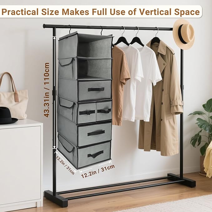6-Tier Hanging Shelves with 5 Drawers & 3 Side Pocket,Durable Fabric Hanging Closet Organizer Holder with Sturdy Hook,Space-saving Storage Organization for Bedroom,Dorm,Guestroom,RV,Bathroom