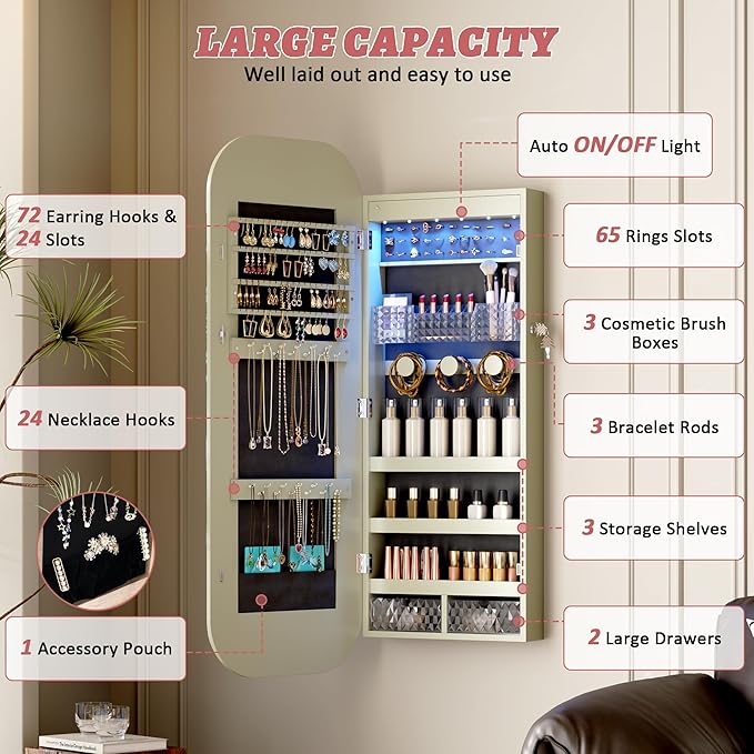 LVSOMT Round Mirror Jewelry Cabinet Door Hang, Jewelry Armoire with Mirror Wall Mounted, Hanging Mirror Jewelry Organizer, Full Length Mirror with Jewelry Storage, Green