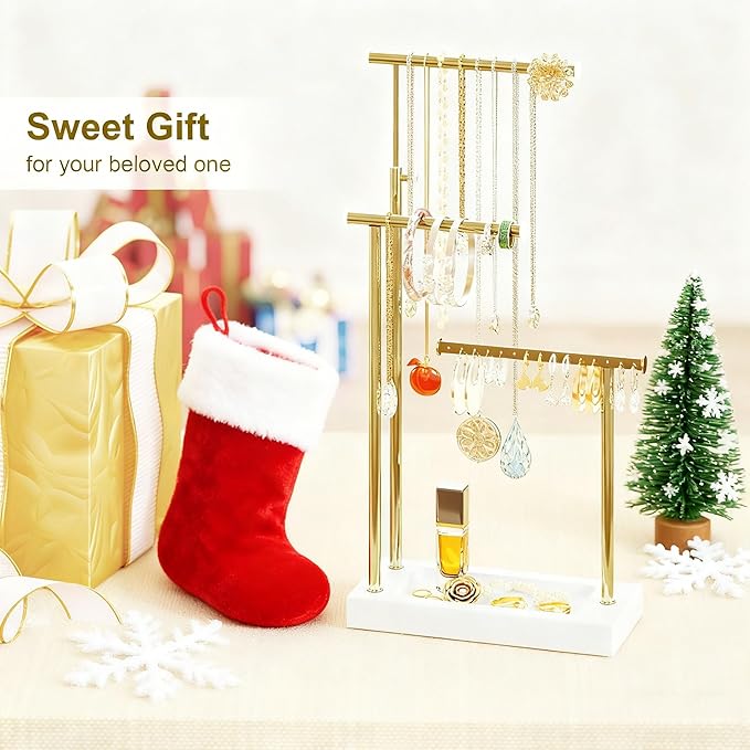 SRIWATANA Jewelry Organizer Display Extra Tall Necklace Holder 3 Tier Jewelry Tree Stand, Gift Idea (White & Gold)
