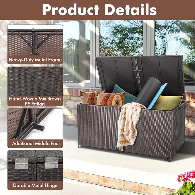 RELAX4LIFE 175-Gallon Outdoor Storage Box, Wicker Rattan Outside Storage Container Bin with Zippered Liner, 2 Universal Wheels, Gas Strut, Patio Deck Box for Backyard, Front Porch