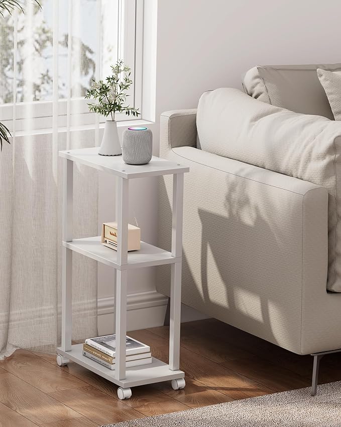 TUTOTAK Small Side Table, Narrow End Table, Bedside Table, Couch Side Table with Wheels for Living Room or Bedroom, White TB01BW061