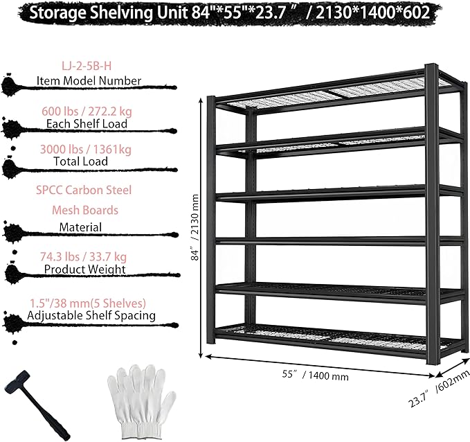 Storage Shelving Unit Heavy Duty Garage Shelves Metal Organizer Utility Rack for Kitchen Pantry Basement Pantry Warehouse Laundry Black 5-Tier 84" H x 55" W x 23.7" D 3000LBS