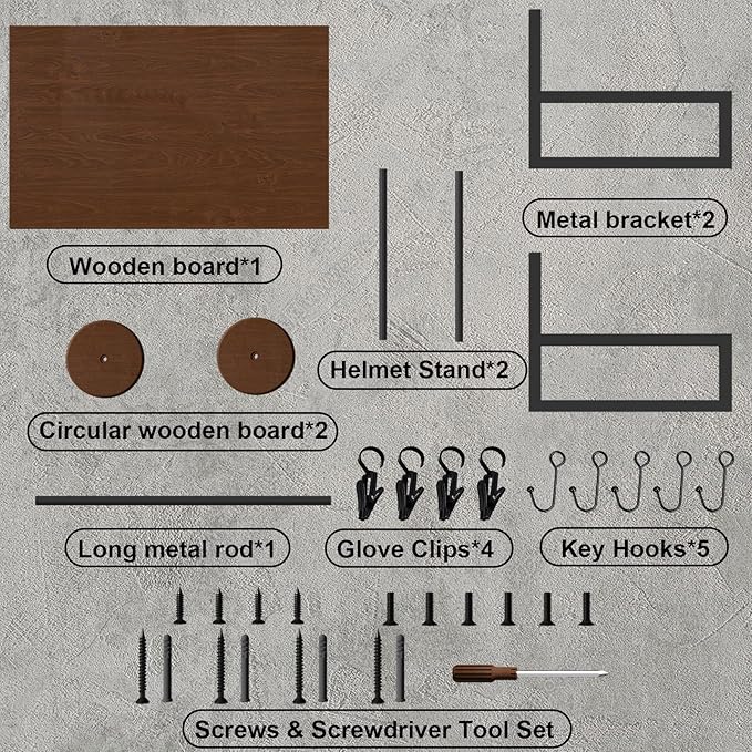 Helmet Holder Wall Mount, Retro Helmet Rack with Wooden Board, 2 Helmet Stands for Moto Gear Storage, Football Accessories Organizer, 4 Clips 5 Hooks for Hanging Gloves Keys, and Tactical Vests
