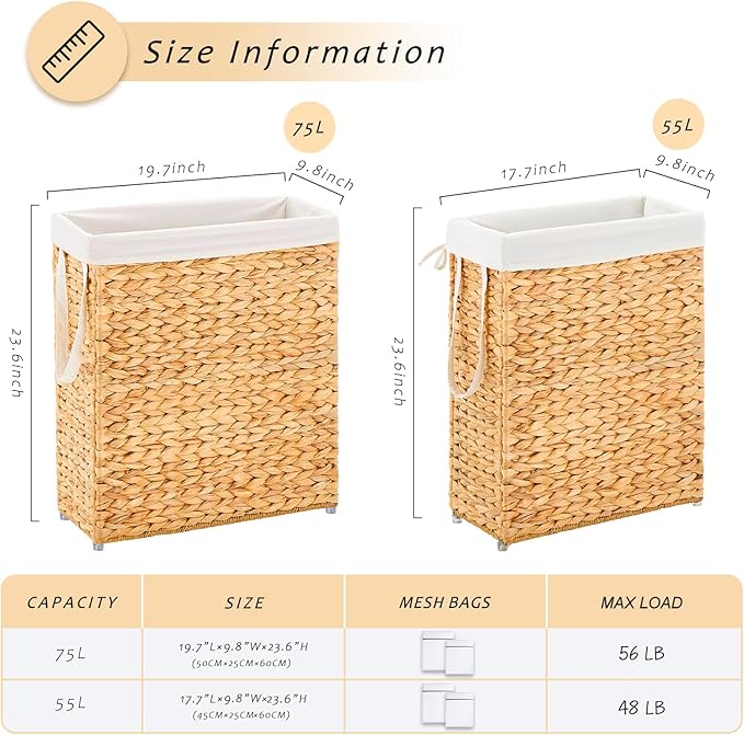 Handwoven Slim Laundry Hamper, 55L Narrow Laundry Basket, Natural Water Hyacinth Basket and Handles and Removable Liner Bag & 2 Mesh Bags (Natural, 55L)