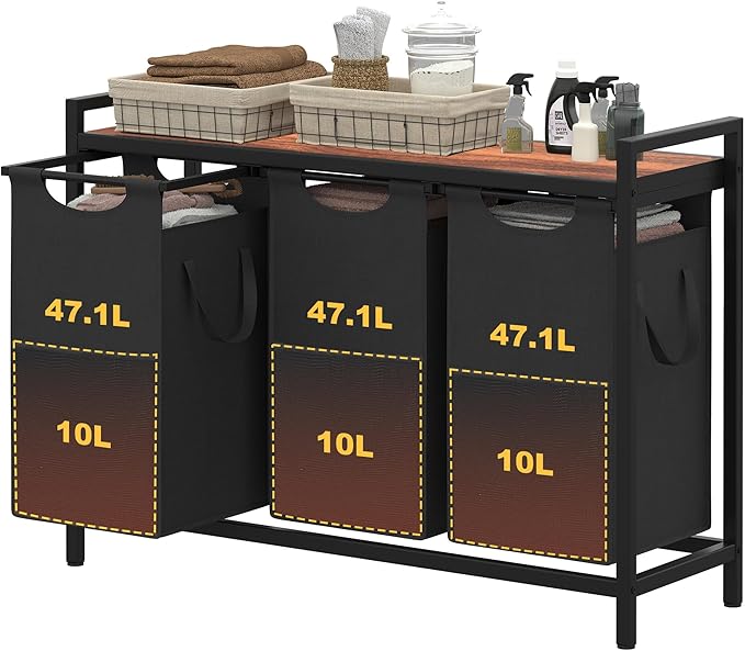 Heybly Laundry Hampers, 3 × 12.5 Gal Laundry Basket with Large Desktop Sorter for Laundry Room organization, Bathroom and Dorm Laundry Bags on Storage Shelf, Walnut HLH003WB