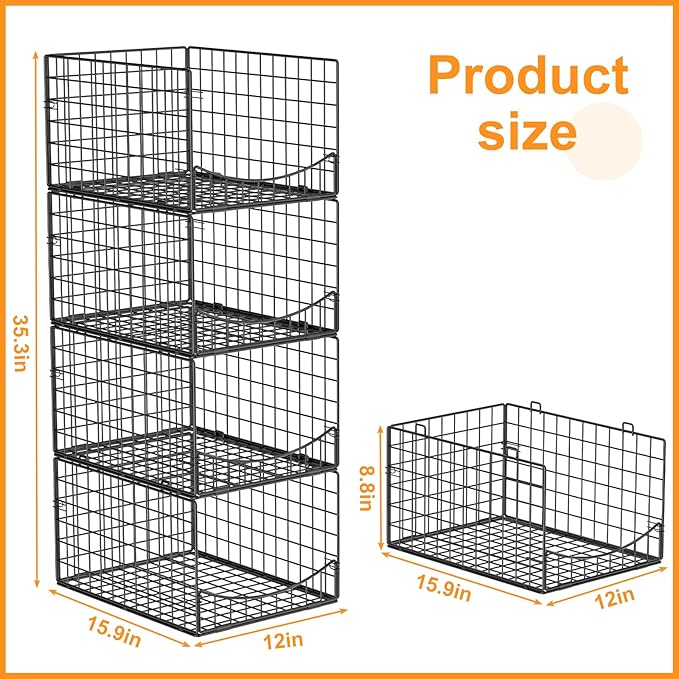 4-Tier Stackable Closet Organizers and Storage Shelves, Clothes Storage Basket, Clothes Shelf Organizer Sweater Organizer Bins Container for Wardrobe Kitchen Bathroom Office, Black