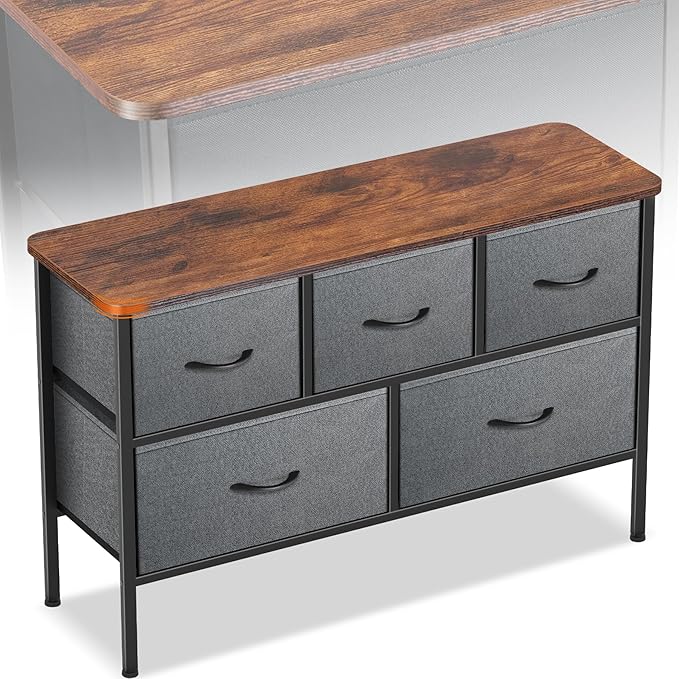 Curved Profile Dresser for Bedroom, Chest of Drawers, 5 Storage Drawers Organizer Unit, Black Dresser with Fabric Bins for Closet, Living Room, Kid Room (Grey and Rustic Brown)