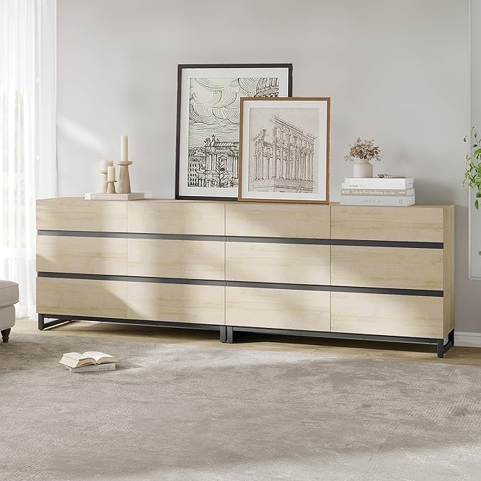 WAMPAT Dresser for Bedroom, Closet Organizers and Storage with 12 Drawers, Chest of Drawers with Metal Base, Modern Wooden Dresser for Living Room, Bedroom, Light Oak