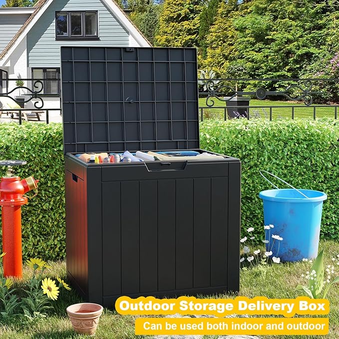 30 Gallon Deck Box,Resin Outdoor Storage Box with Lockable for Patio Furniture, Garden Tools Waterproof Outside Storage Box (Black)