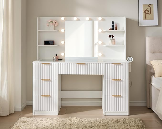 AMERLIFE 47.2" Fluted Vanity Desk with Mirror and Adjustable LED Lights, Large 7 Drawers Makeup Table with Glass Top and Charging Station for Women and Girls, Bedroom or Dorm, White