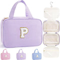 TOPEAST Hanging Toiletry Bag for Women - Travel Toiletry Bag Makeup Bag, Portable Toiletries Cosmetic Bag, Airplane Travel Essentials - Letter P, Purple