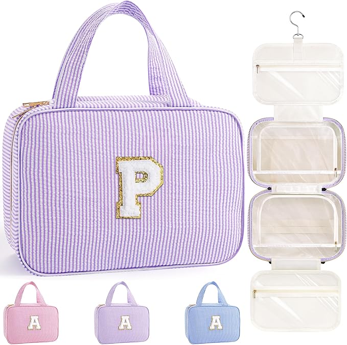 TOPEAST Hanging Toiletry Bag for Women - Travel Toiletry Bag Makeup Bag, Portable Toiletries Cosmetic Bag, Airplane Travel Essentials - Letter P, Purple