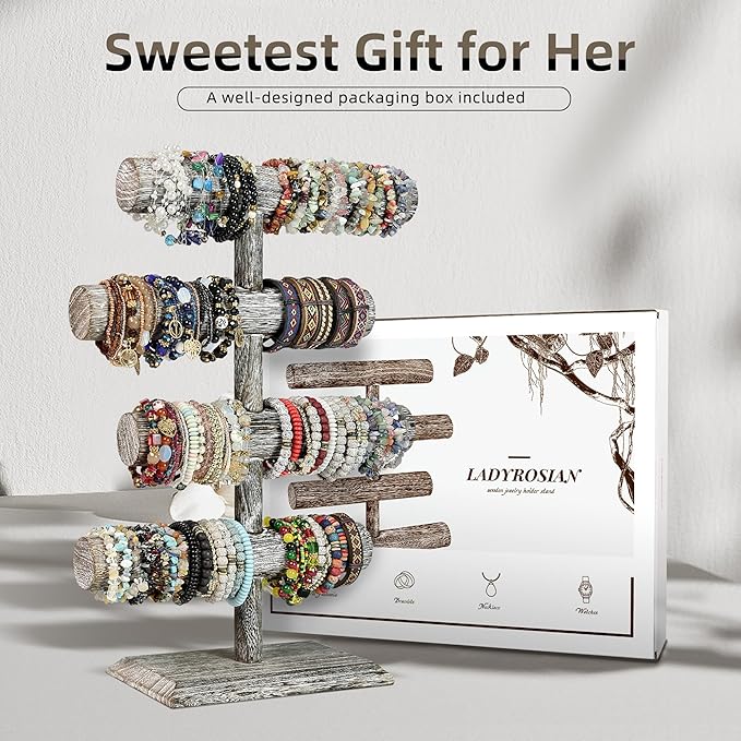 LadyRosian 4 Tier Wooden Display Jewelry Accessory Stand Jewelry Bracelet Holder Bangle Watch Necklace Storage Jewelry Holder Stand Display Organizer, (Antique White-4 layers)
