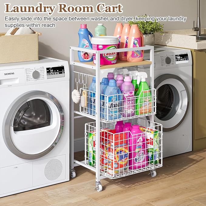 3 Tier Laundry Room Cart with Pull-Out Baskets, Utility Cart Rolling Storage Cart with Wheels Bathroom Organizers Storage Shelf with Wood Top Laundry Room Organization and Storage, White