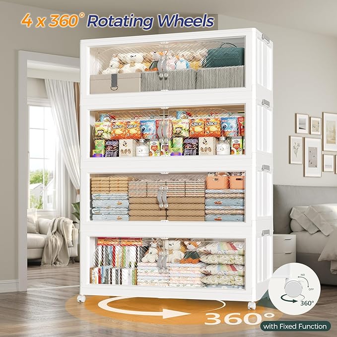 480QT Extra Large Stackable Storage Bins with Lid & Wheels & Doors, 120Gal Foldable Collapsible Closet Organizers, Plastic Cabinet Box Container Drawer for Home Kitchen Bedroom, 3Pack White