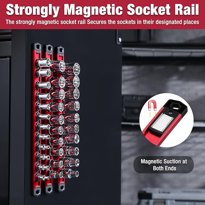 WORKPRO Magnetic Socket Organizer, 3/8-Inch Drive Aluminum Alloy Sockets Rail, Heavy Duty Sockets Holder, Socket Rack Kit 3/8-Inch x 10 Clips (Red)