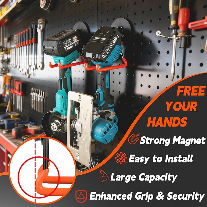 ULIBERMAGNET New Updated Strong Magnetic Hooks,2 Pack Heavy Duty Large Magnetic Hooks for Extension Cord, Cable, Hose, Power Cord,Rope,Drill,Jig Saw,Circular Saw,Garden Lawn Tools (Orange/3.46inch)