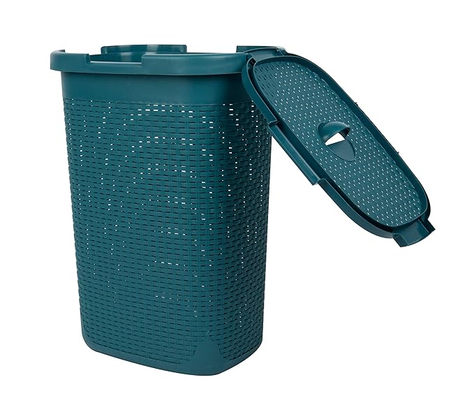 Mind Reader Slim Laundry Hamper with Lid, 60L Clothes Basket, Premium Wicker Design, Plastic, Blue
