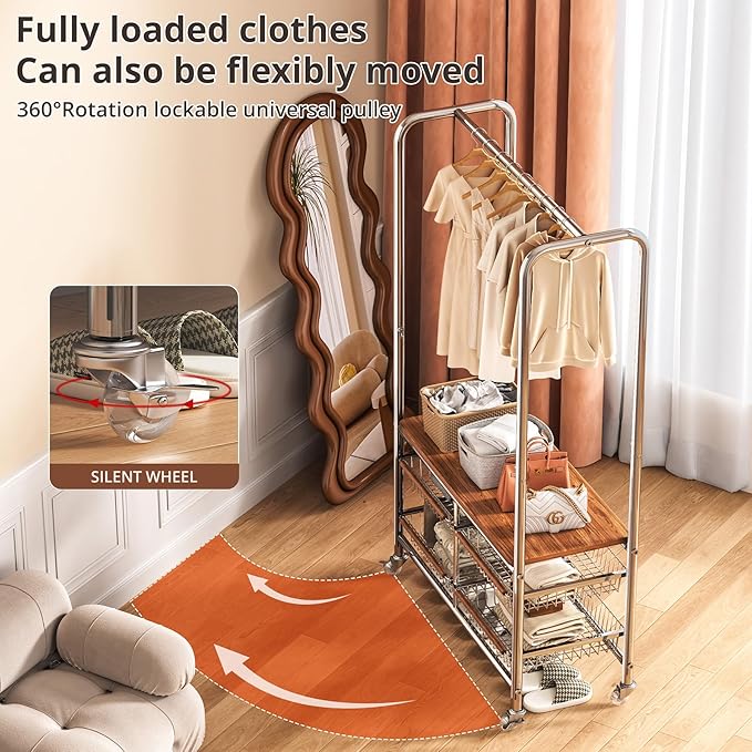 Rolling Clothing Garment Rack for Hanging Clothes–Portable Indoor Wardrobe Closet Organizer Shelves Metal Hanger Stand Heavy Duty Coat Drying Storage Racks with Wheels 15.7"Dx37"Wx67.7"H Chrome
