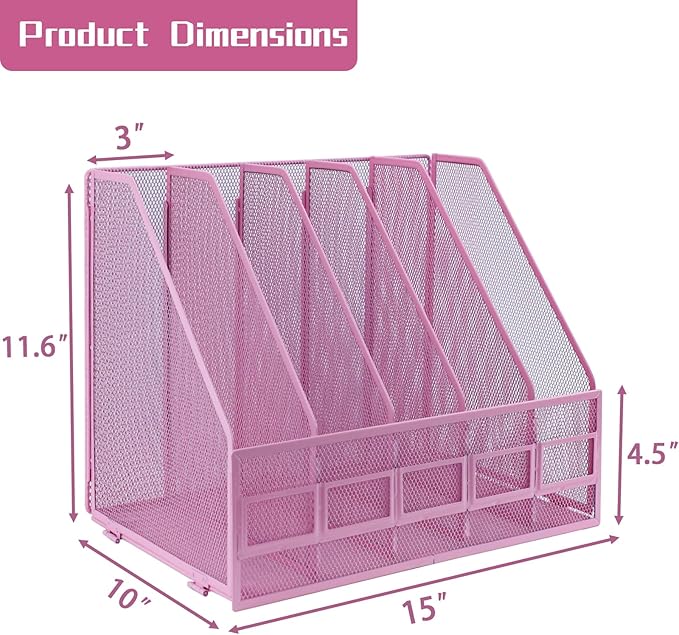 Desk Organizers, Metal Magazine File Holder with 5 Vertical Compartments Rack Binder File Organizer for Office Supplies, Home Workspace - Pink
