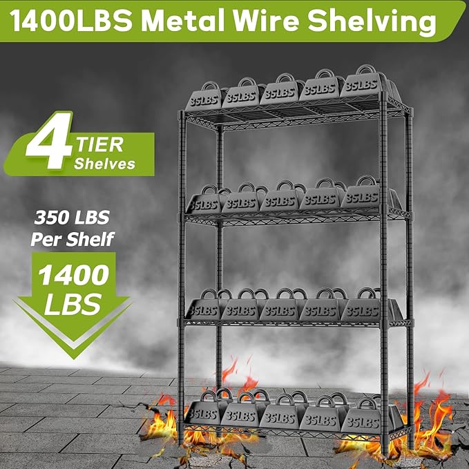 Storage Shelves Heavy Duty, 36" L x 14" W x 54" H Garage Wire Shelving Unit Loads 1400LBS, 4-Tier Adjustable Metal Industrial Utility Shelf Rack for Kitchen, Laundry Room, Pantry, Warehouse, Basement