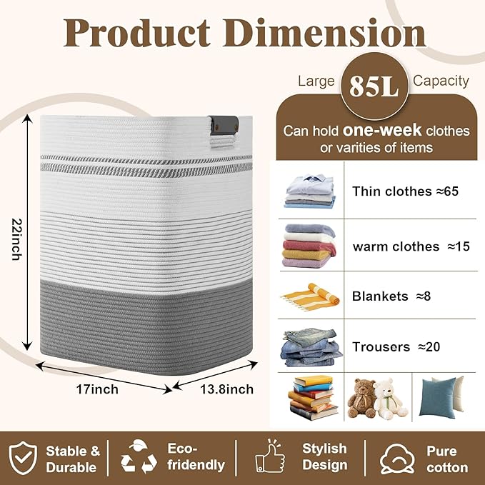 Laundry Hamper, 85L Tall Laundry Basket with Leather Handles, Rectangle Large Clothes Hamper for Organizing, Cotton Woven Laundry Baskets Storage Hampers for Bedroom, Nursery, Living Room