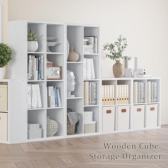 Cube Storage Organizer Bookcase, Decorative 11 inch Open Back Cubical Shelf with Thickened Border, Display Bookshelf for Living Room, Home Office, Sturdy Room (White, 8 Cube)
